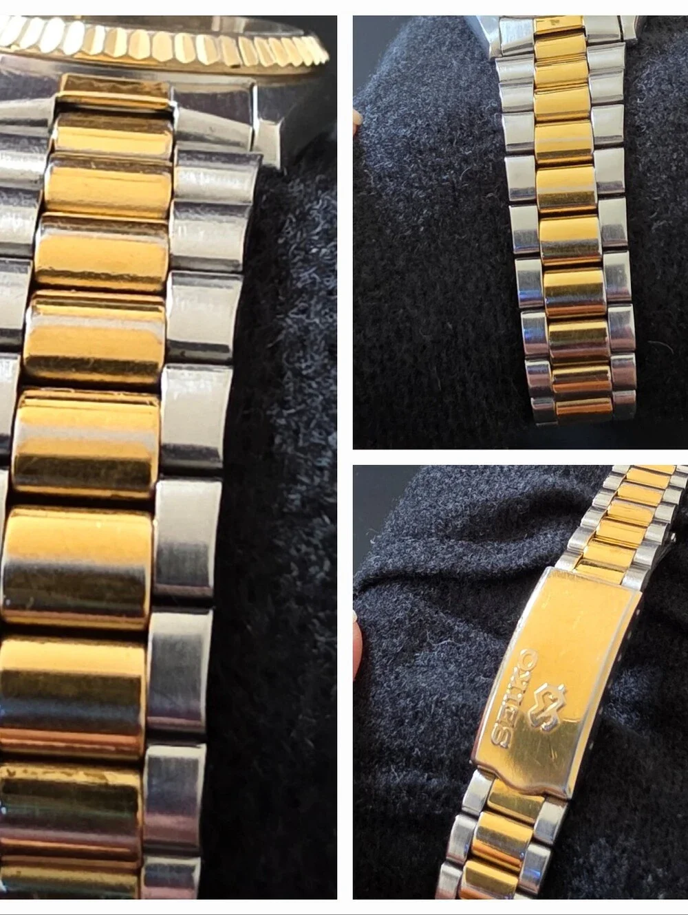 VTG Seiko SQ Gold Plated Fluted Bezel Two Tone English French Day Date Works